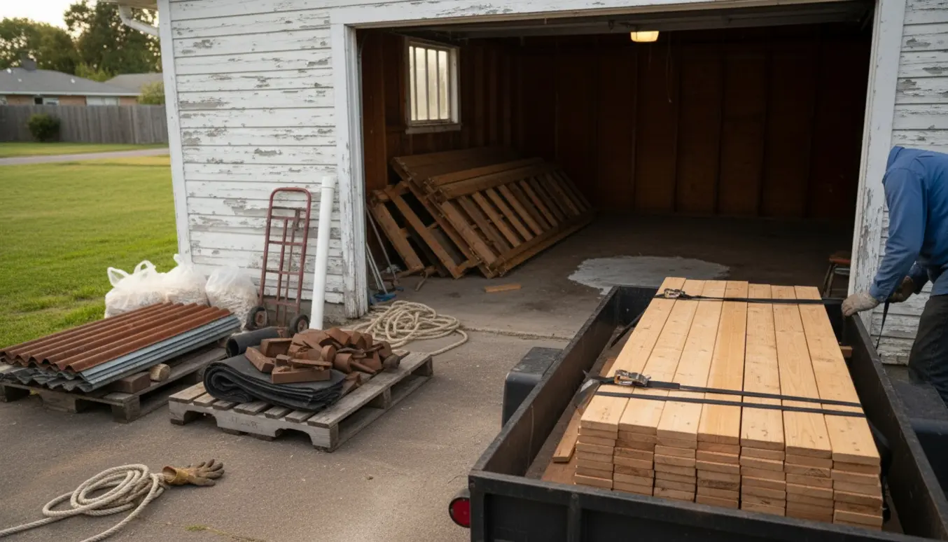 Trailer og stabler af skåret træ, paller med jern og ståltag samt tagpap foran en åben 60'er garage klar til bortkørsel.