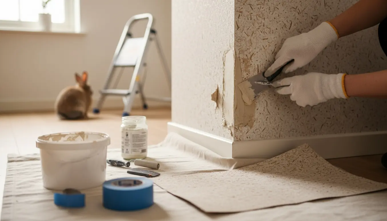 Nærbillede af reparation af tre huller i savsmuldstapet med spartel og hjørneværktøj.