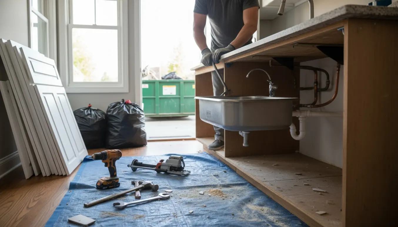 Delvist nedtaget køkken med handsker og værktøj ved siden af bunker af affald klar til bortskaffelse.