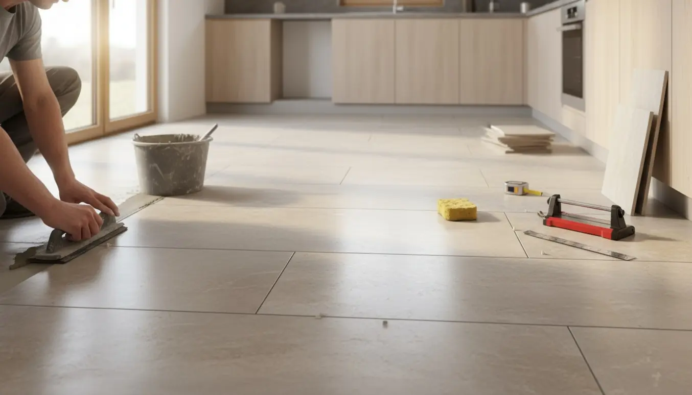 Moderne køkken under gulvmontering med store 60x120 cm fliser og en håndværker, der glatter mørtel ud mellem fliserne.