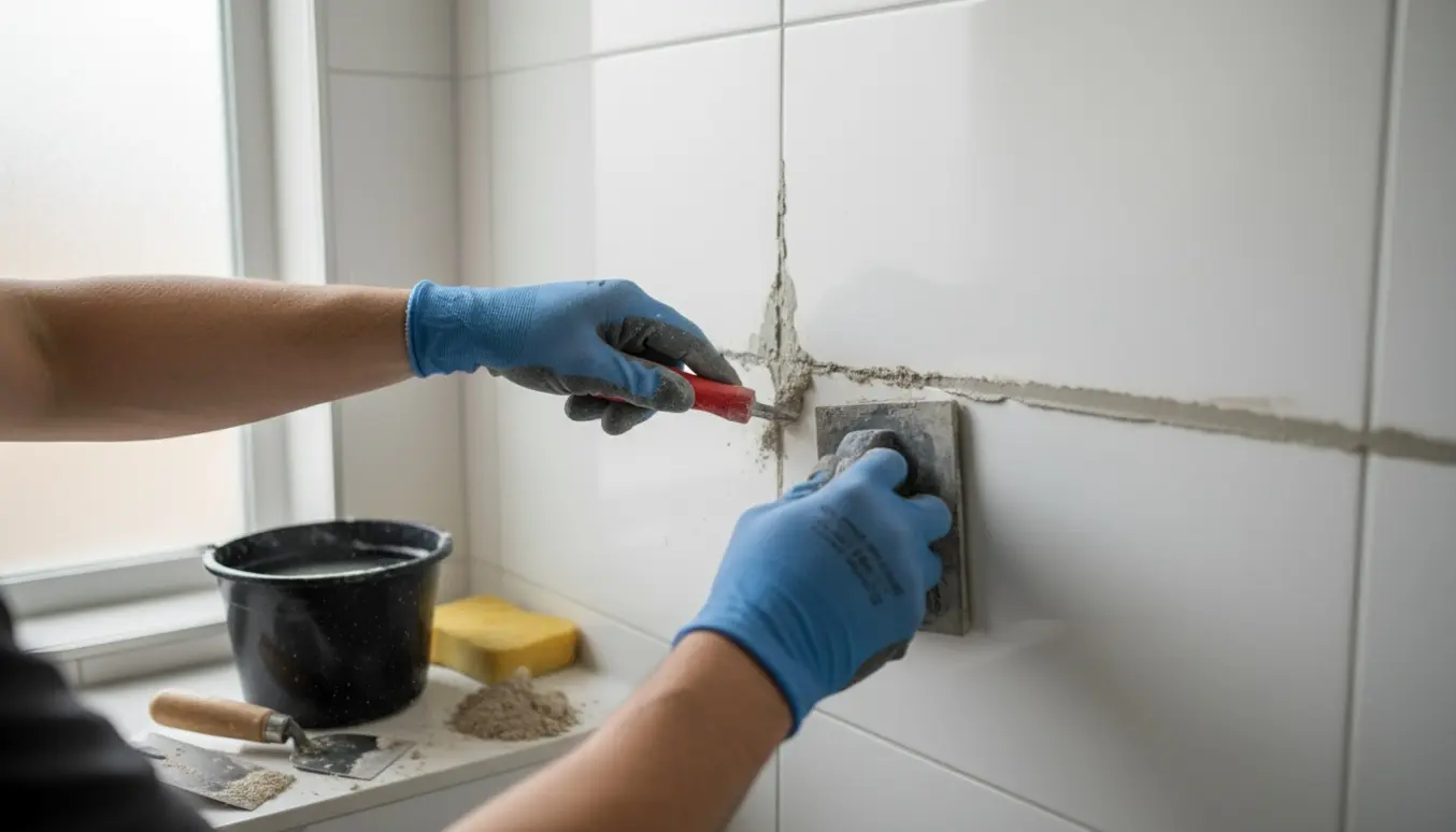 Nærbillede af hænder, der fjerner løs mørtel og udjævner nye fuger i en bruseniche ved tre-fire områder.