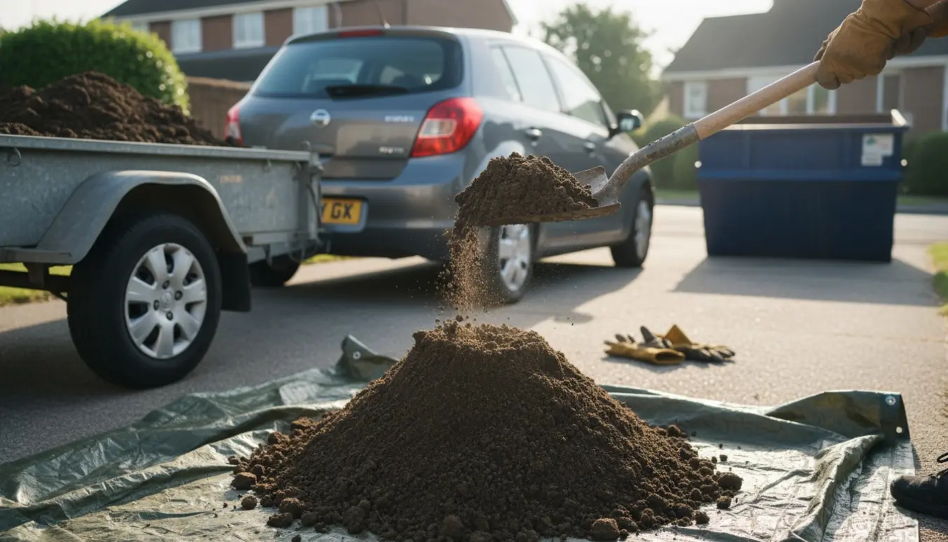 Trailer med opgravet jord og skovl klar til bortkørsel ved en genbrugscontainer.