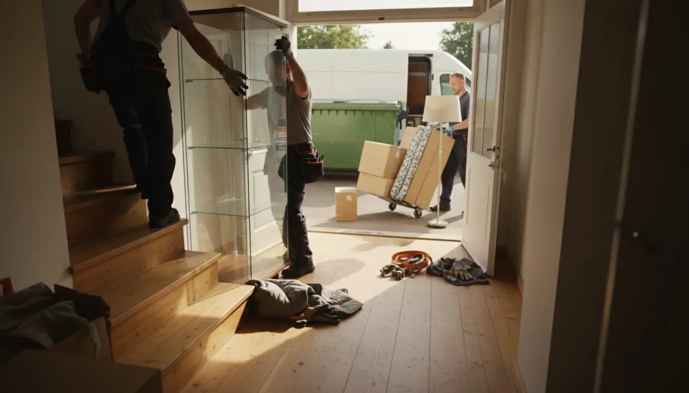 Flytning af et glaskab ned ad trappen mod en container, med et tøjskab og småting klar til afhentning.