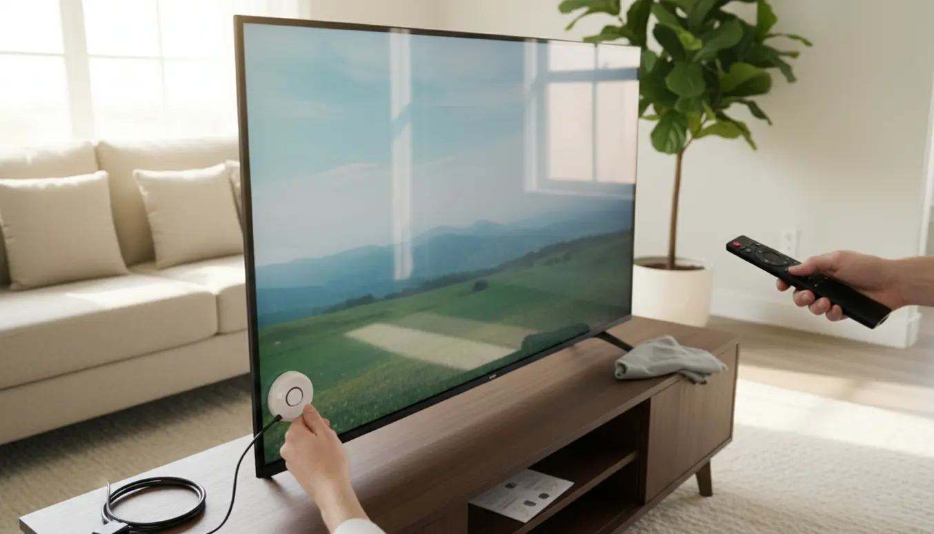 Nyt fladskærms-tv med udvaskede farver, mens en person justerer indstillinger med fjernbetjening og kalibreringssensor.