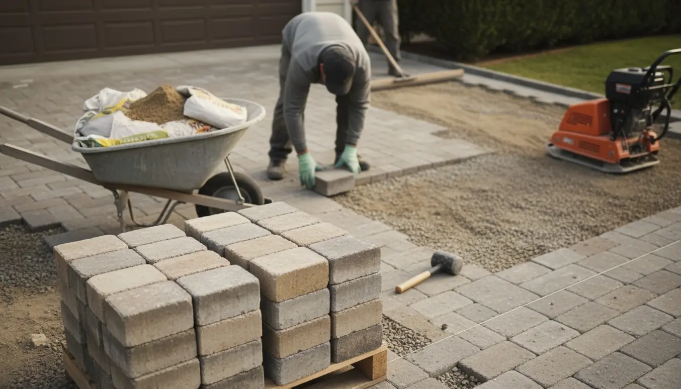Genbrugte SF-sten lægges i en indkørsel efter afretning af bundgrus.