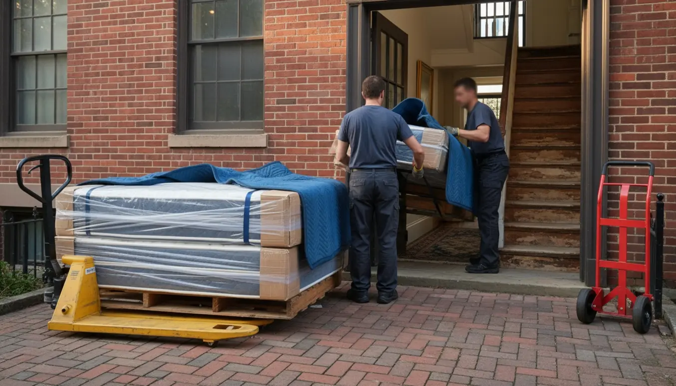 Indpakket madras og topmadras på en palle ved et rækkehus, to flyttemænd fører dem ind ad åben dør mod trappen.