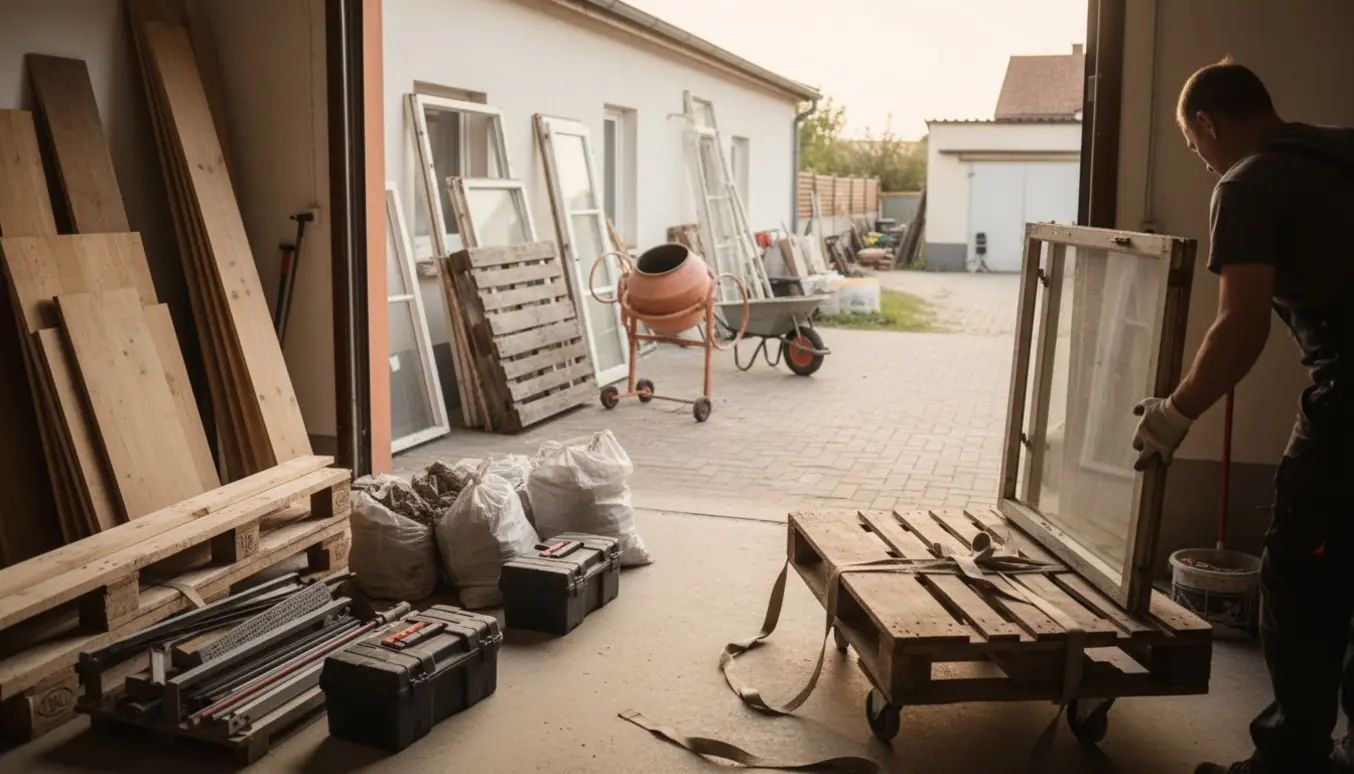 En garage og tilstødende udendørsområde i færd med at blive ryddet med gamle vinduesrammer, cementblandere, paller og værktøj klar til afhentning.