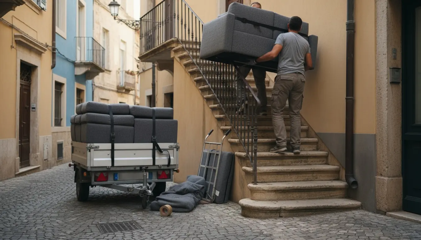 To personer bærer en modulsofa op ad en udendørs trappe, mens resten af sofaen er pakket i en trailer på gaden.