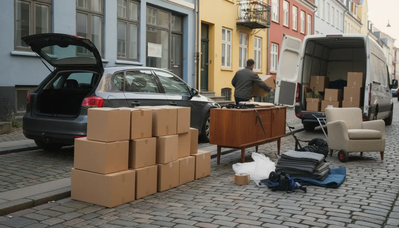 En bil og flyttevogn på en københavnsk gade med cirka 20 kasser, en indpakket skænk og et lille møbel klar til at blive læsset.