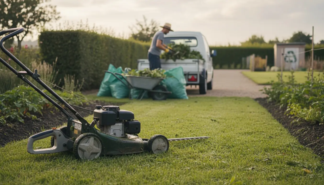 Nykæmmet hæk og klippet græs i en kolonihave med afklip læsset i en trailer klar til genbrugspladsen.