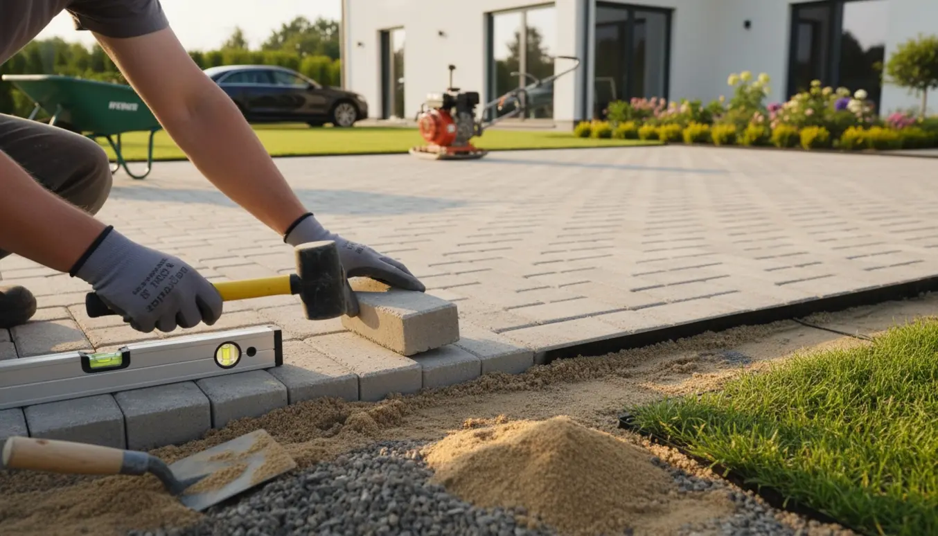 Hænder lægger fliser på komprimeret sand i en have, klar til en parkeringsplads.