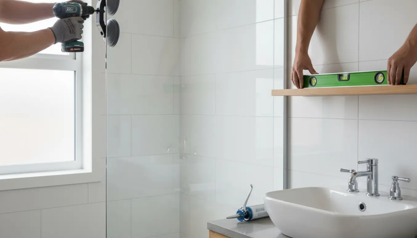 Hænder monterer en klar glasvæg i bruseren og fastgør en hylde på flisevæggen i et lyst, moderne badeværelse.