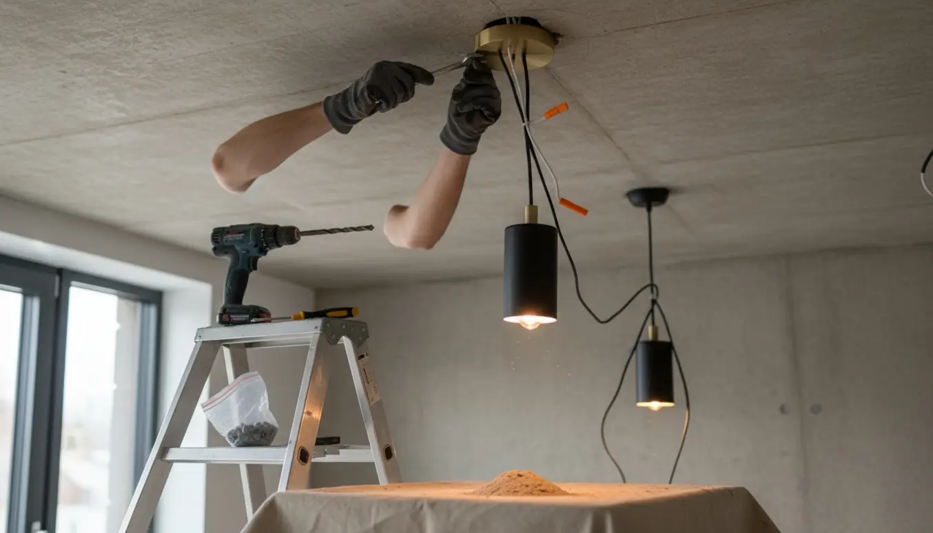 Hænder monterer to pendellamper i et råt betonloft med boremaskine og værktøj.