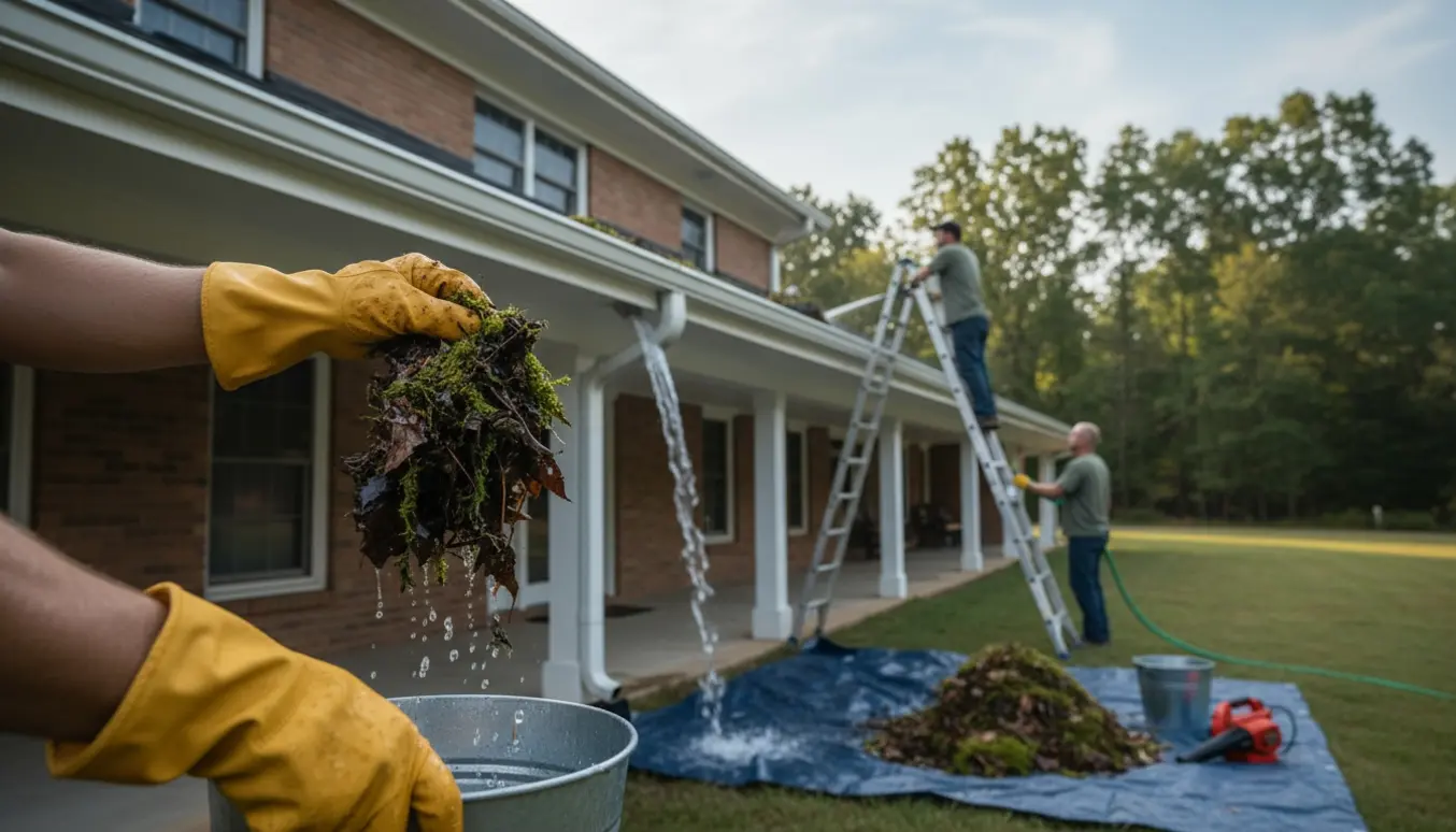 Rensning af tagrender på en bygning med handsker, stige og spand.