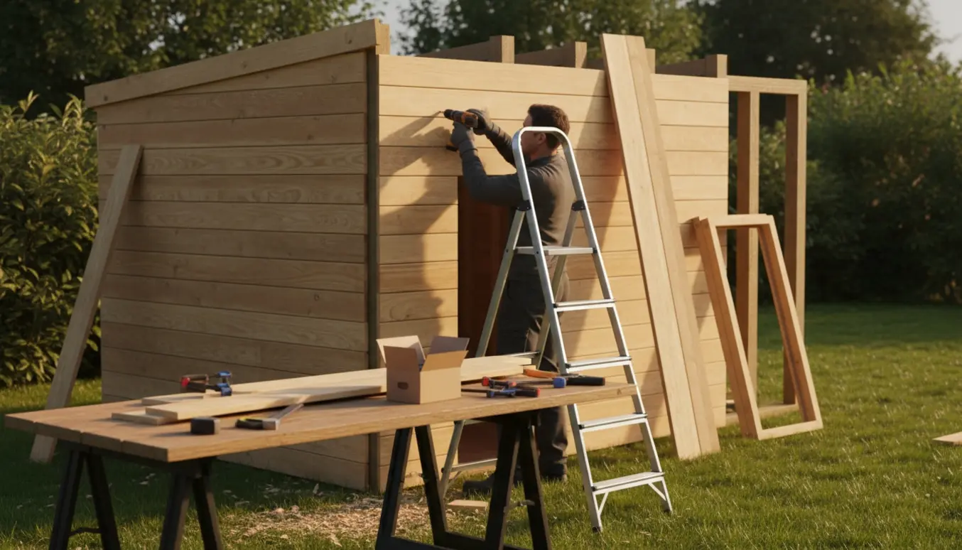Delvist beklædt haveskur med træbrædder, værktøj og arbejdshandsker i naturligt sollys.