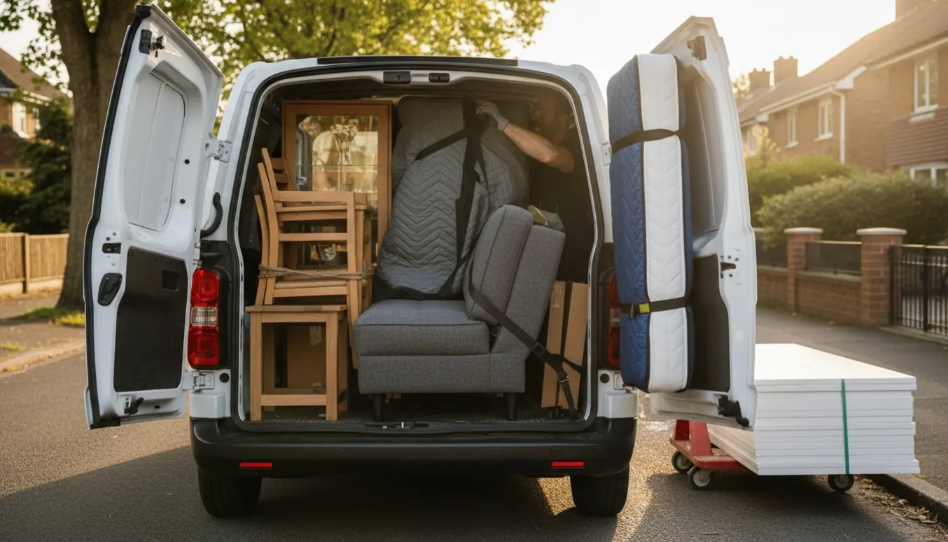 Åben varevogn pakket med møbler og gipsplader klar til aflevering på genbrugspladsen.