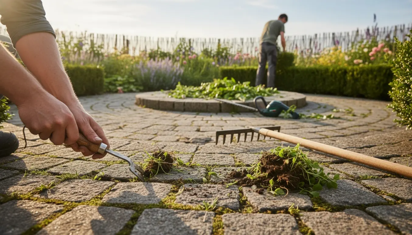 Nærbillede af ukrudtsfjerning mellem sten og nyklippede buske langs et træhegn i eftermiddagssol.
