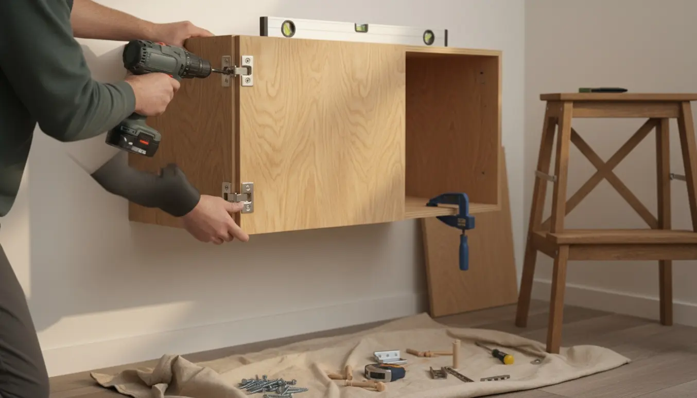 Hænder monterer et halvfærdigt træskab på en væg med skruemaskine og værktøj spredt på en beskyttende klud.