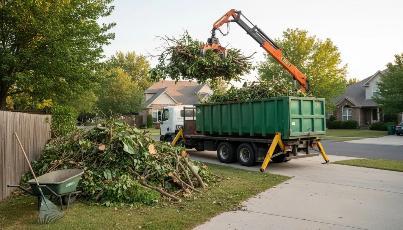 Lastbil med grab løfter grene og haveaffald fra en bunke ved en indkørsel.