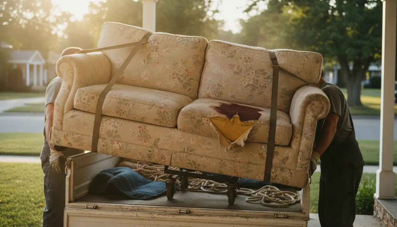 Slidt sofa løftes op på en flyttebil ved fortovet, klar til afhentning og bortskaffelse.