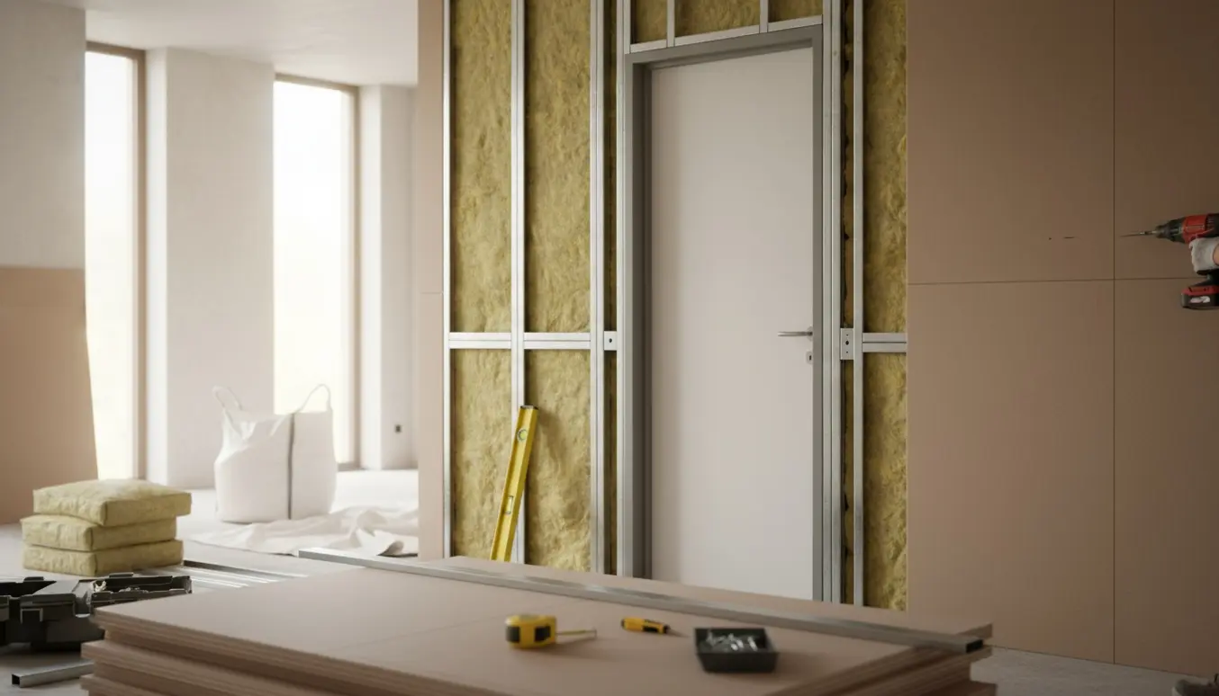 Skillevæg under opbygning med stålstolper, isolering og Fermacell-gips samt monteret celledør, håndværker ses kun bagfra.