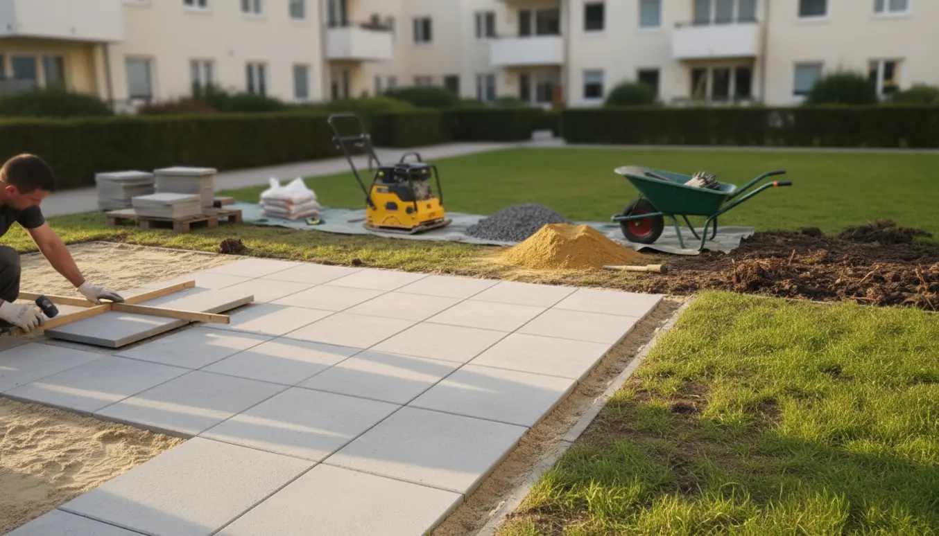 Store fliser lægges på et tidligere græsareal i et fællesområde med værktøj og materialer omkring.