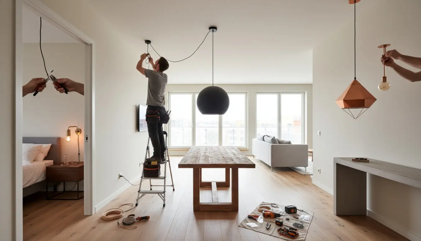Interiørfoto af en lejlighed hvor lamper opsættes i spisestue, entré og soveværelse med værktøj og stige.