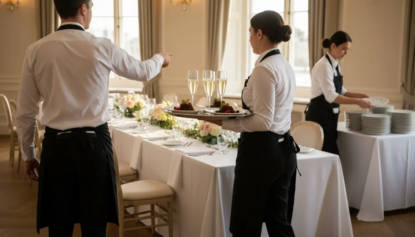 Tre tjenere forbereder og serverer ved en elegant bryllupsreception; én organiserer, én bærer desserter, og én ordner opvasken.