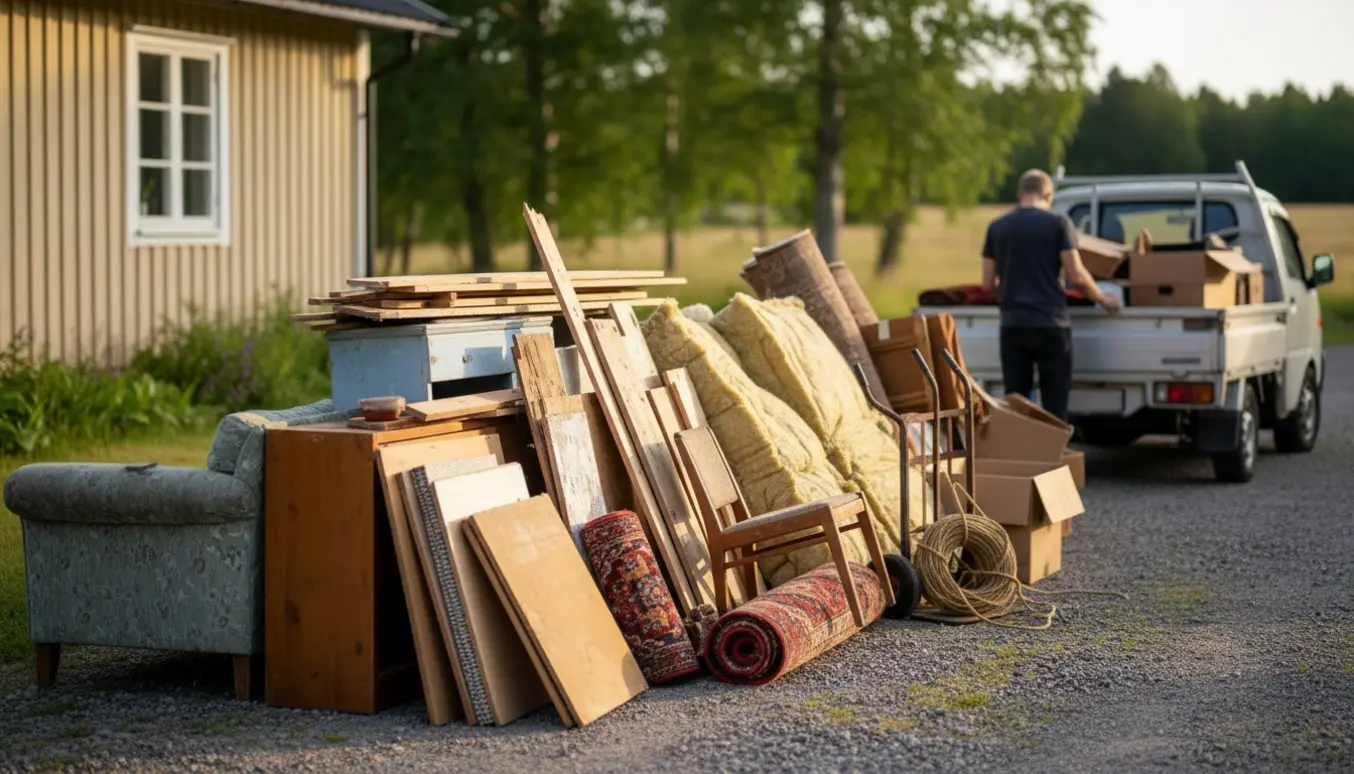 Stak gamle møbler, brædder og isolering udenfor et sommerhus klar til afhentning.