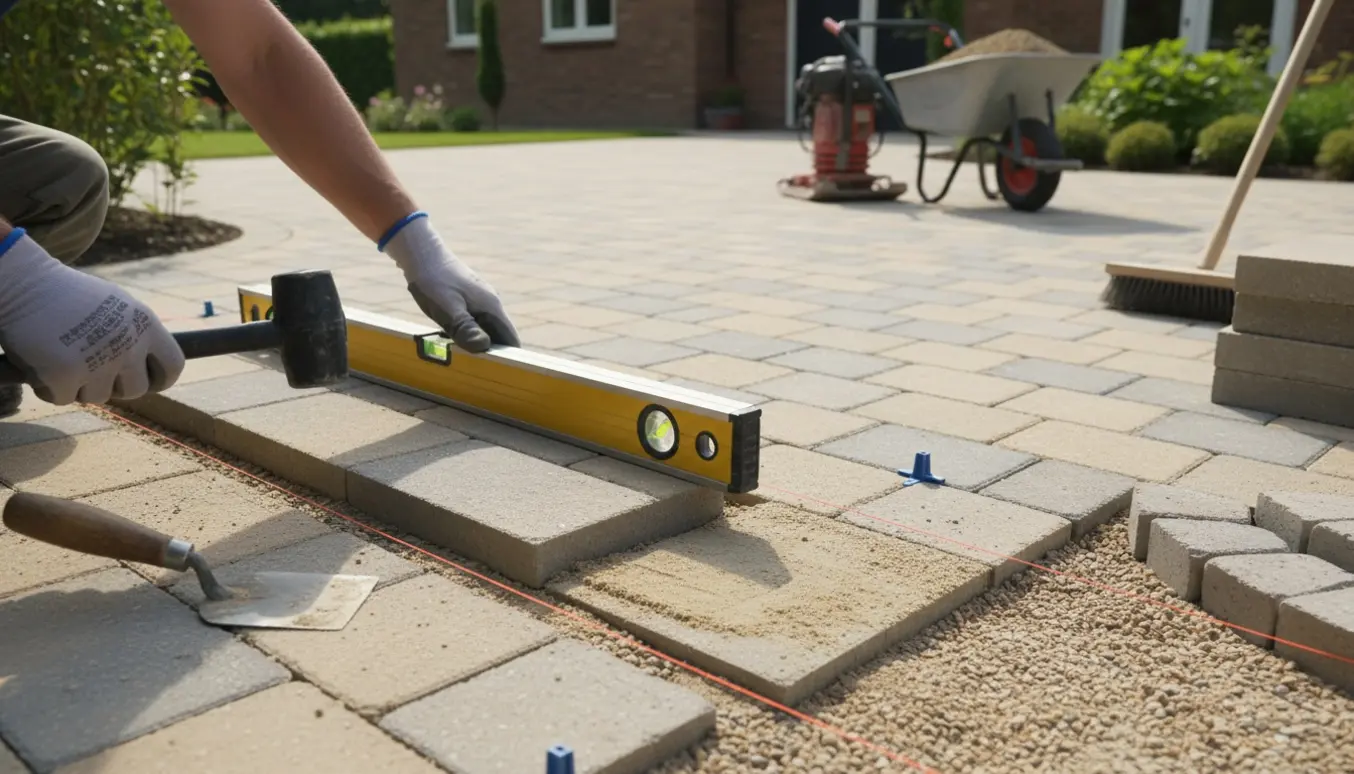 Nærbillede af hænder, der lægger fliser på en forberedt sand- og grusbund ved indkørsel og terrasse.