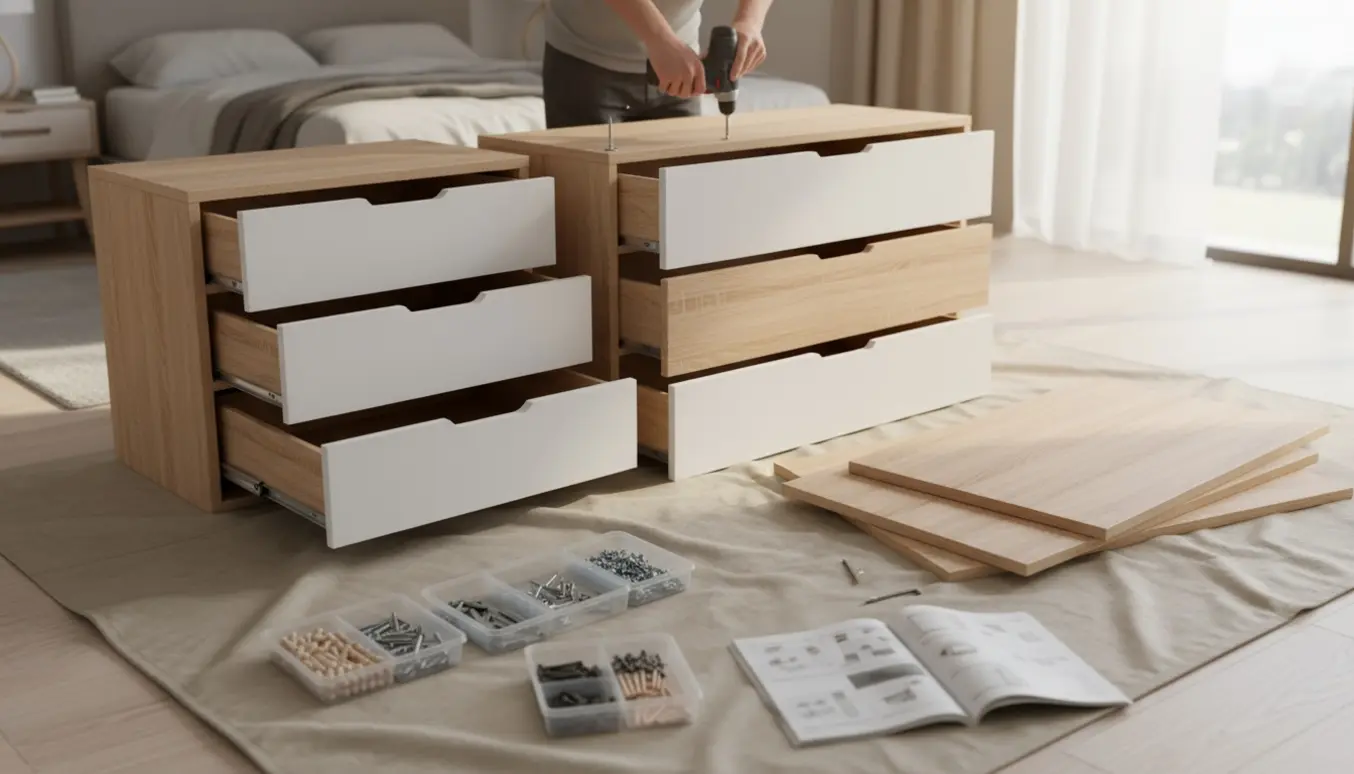 Hænder samler en kommode med seks skuffer i et lyst soveværelse, omgivet af paneler, skruer og værktøj.