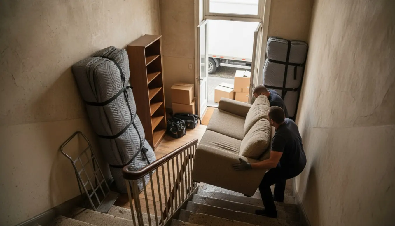 To hjælpere bærer en sofa ned ad en snørklet trappe mod en ventende flyttebil med flyttetæpper og sækkevogn klar.