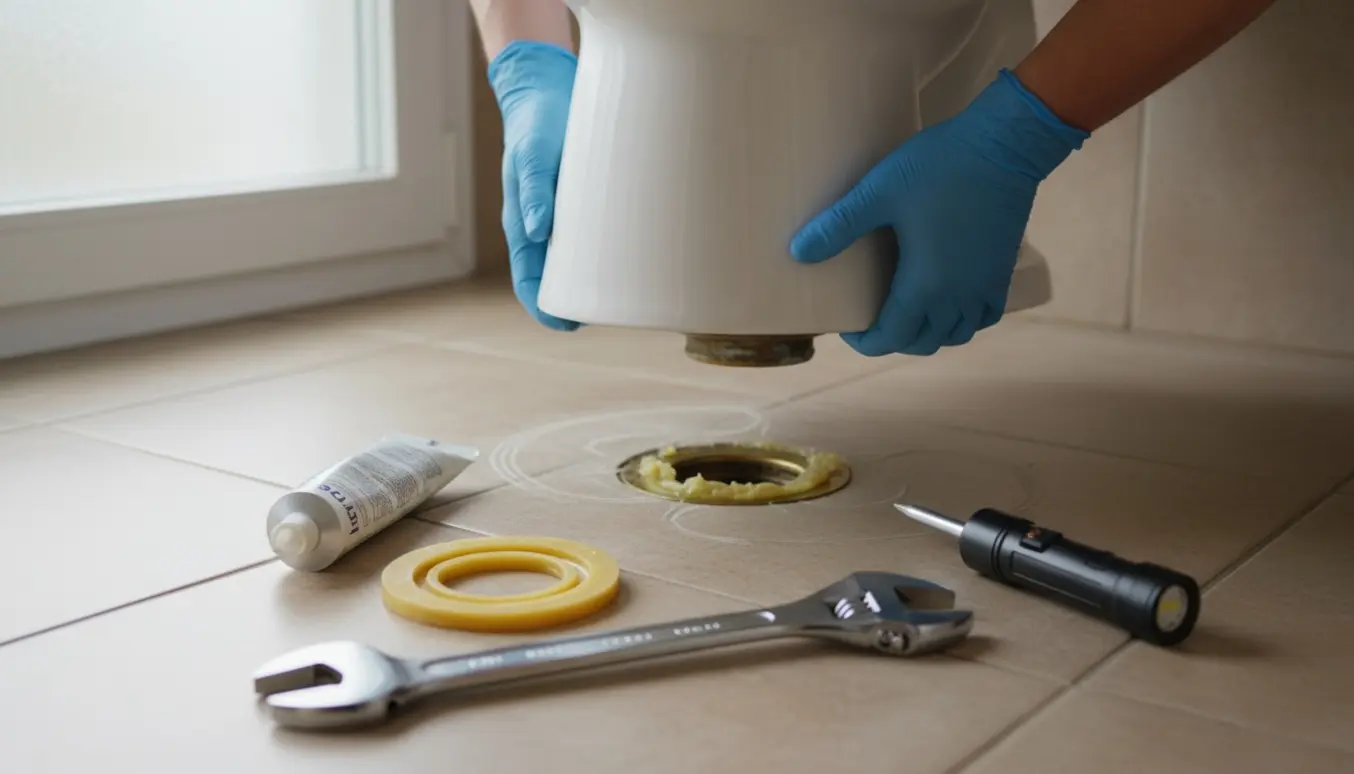 Nærbillede af handskehænder, der løfter et gulvmonteret toilet for at inspicere og tætne tilslutningen med voksring og fugepistol.