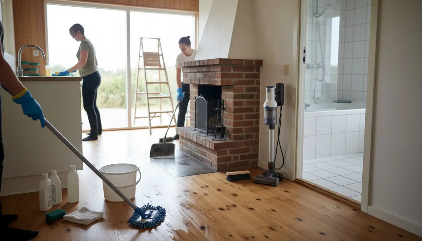 Sommerhus indvendigt under rengøring: hænder mopper trægulv, badeværelse med fliser og whirlpool i baggrunden, rengøringsmidler og støvsuger synlige.