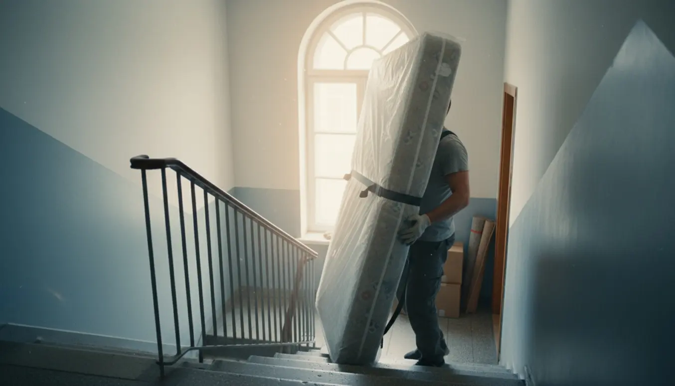 En person bærer en 140x200 boxmadras op ad en smal trappe, ansigtet ikke synligt.