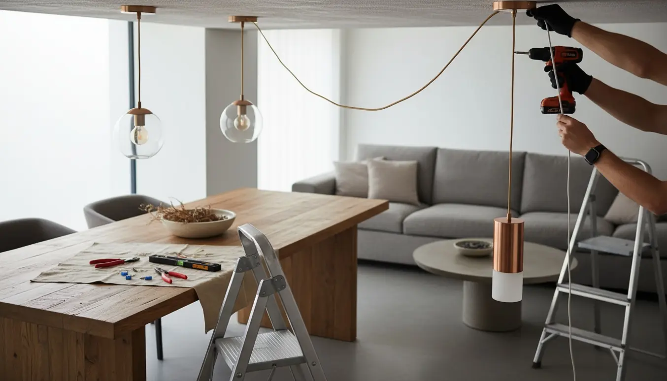 To pendellamper monteres og tilsluttes over spisebord og sofabord i en lys, moderne stue, kun hænder synlige.