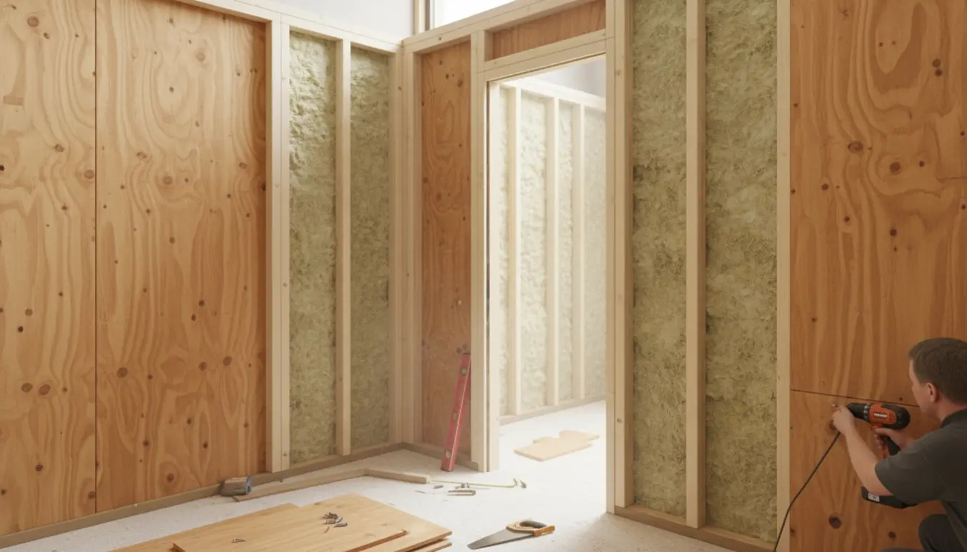 Lille værelse med rockwool i vægfelter og brune finerplader monteret omkring en døråbning.