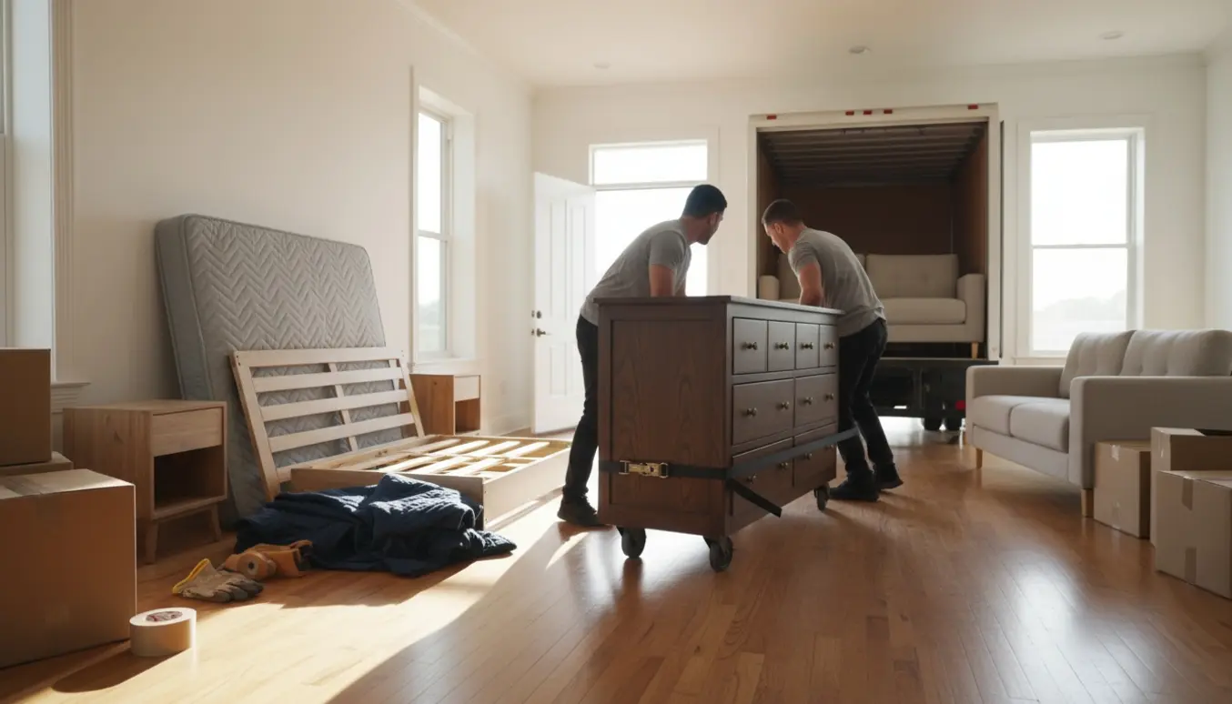 Flyttebillede af møbler og flyttekasser, hvor en kommode og sofaer bliver læsset uden synlige ansigter.