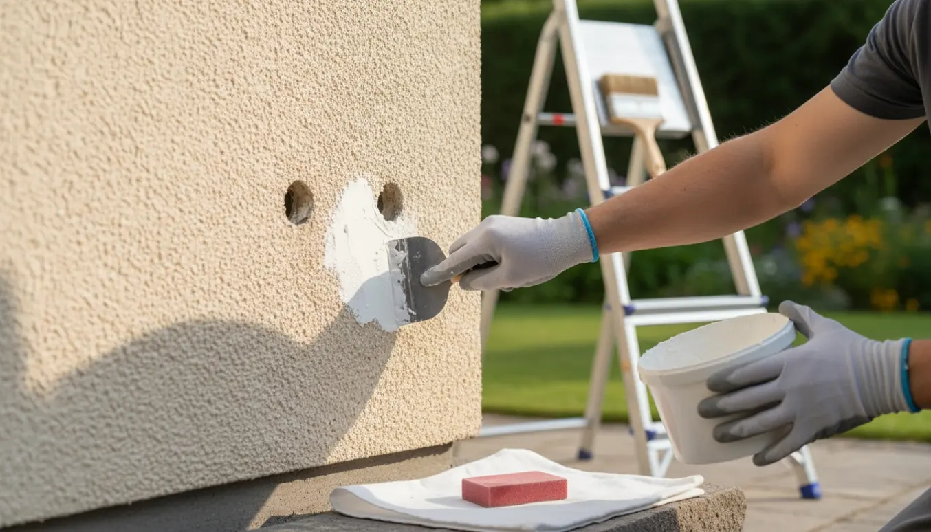 Nærbillede af hænder, der fylder to små huller i husets udvendige væg med hvid spartelmasse.