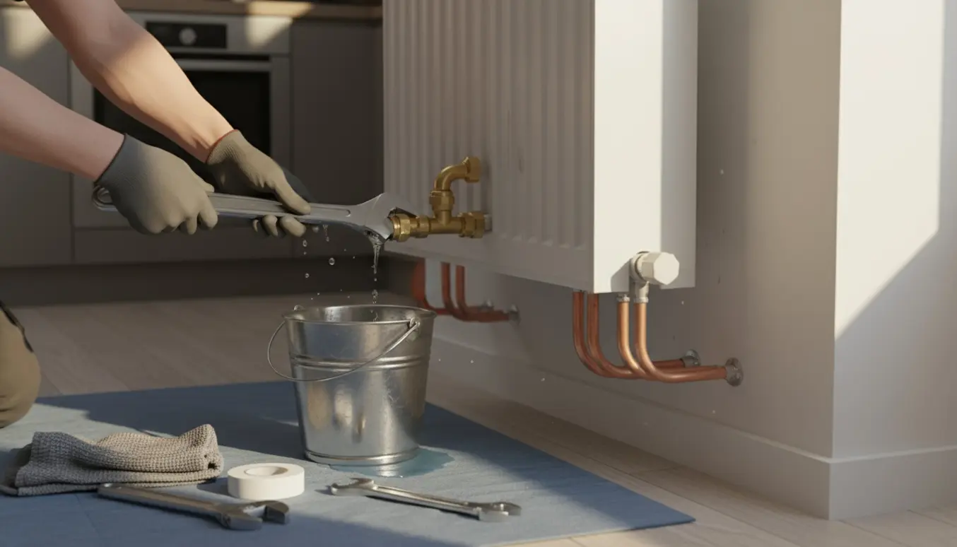 En hvid radiator afmonteres i et køkken, med værktøj og en spand der fanger dryppende vand.