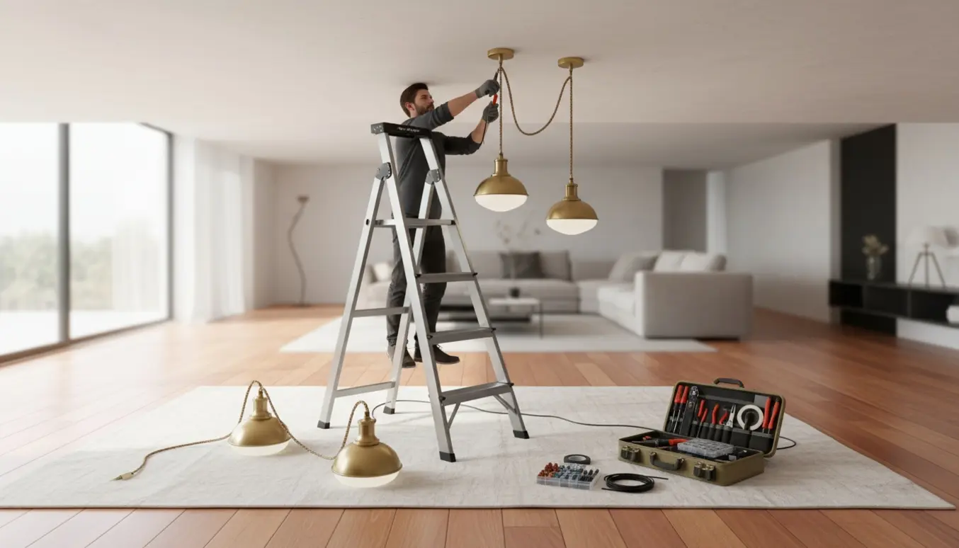Person monterer en loftslampe fra en stige i en lys, moderne stue med værktøj og to ekstra lamper på gulvet.