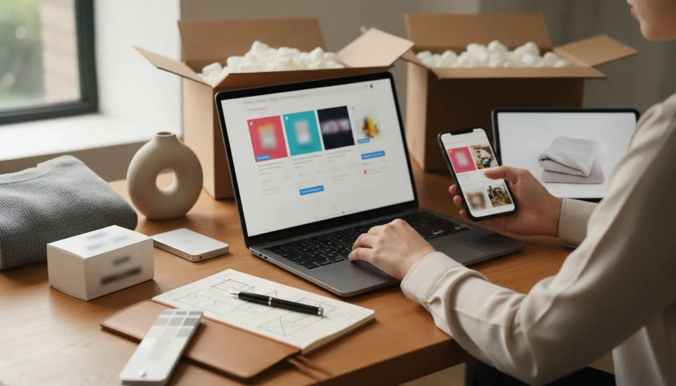 Hænder arbejder ved en bærbar med e-handelsdashboard, produktprøver og pakkematerialer på et lyst skrivebord.