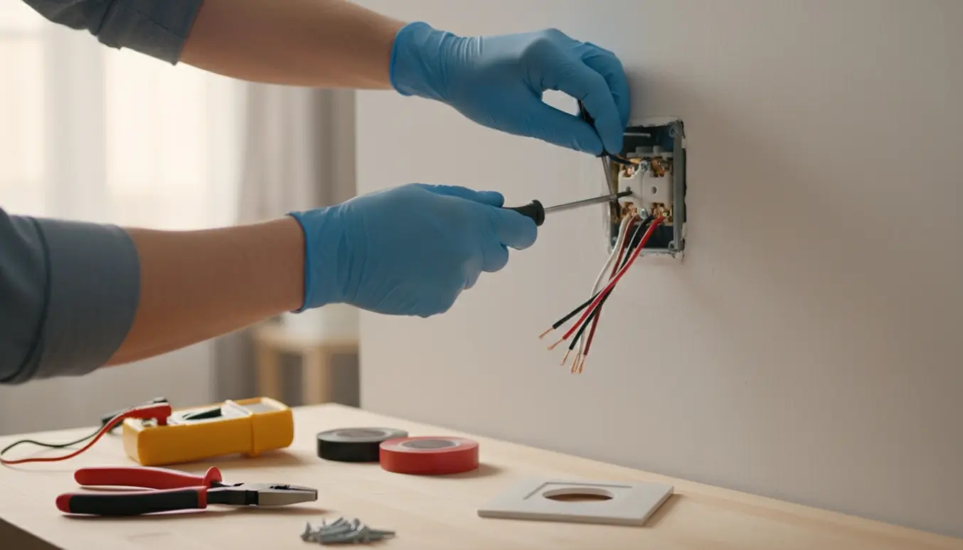 Nærbillede af hænder i handsker, der reparerer en åben vægstikkontakt med værktøj og multimeter på et bord.