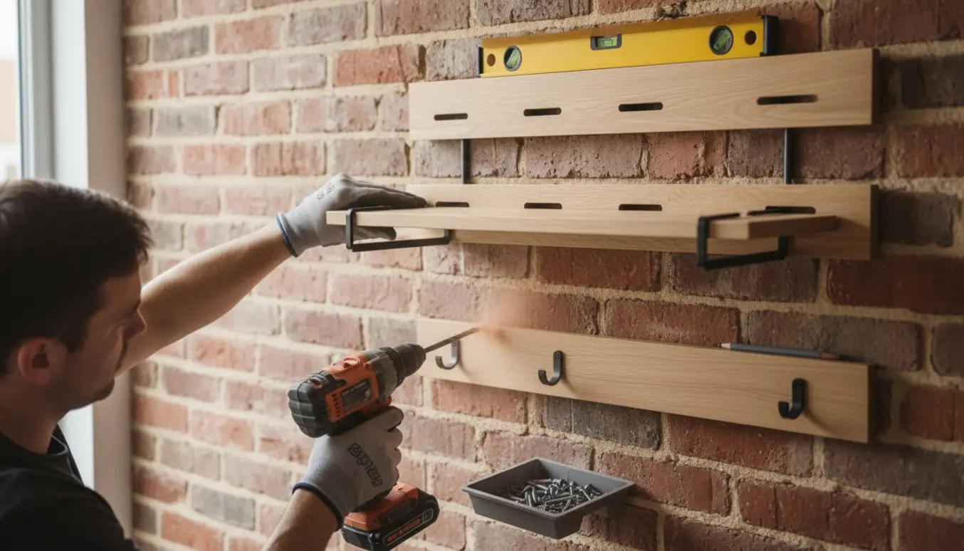 Montana-stil reol og knagerække monteres på en murstensvæg med bor, rawlplugs og værktøj.