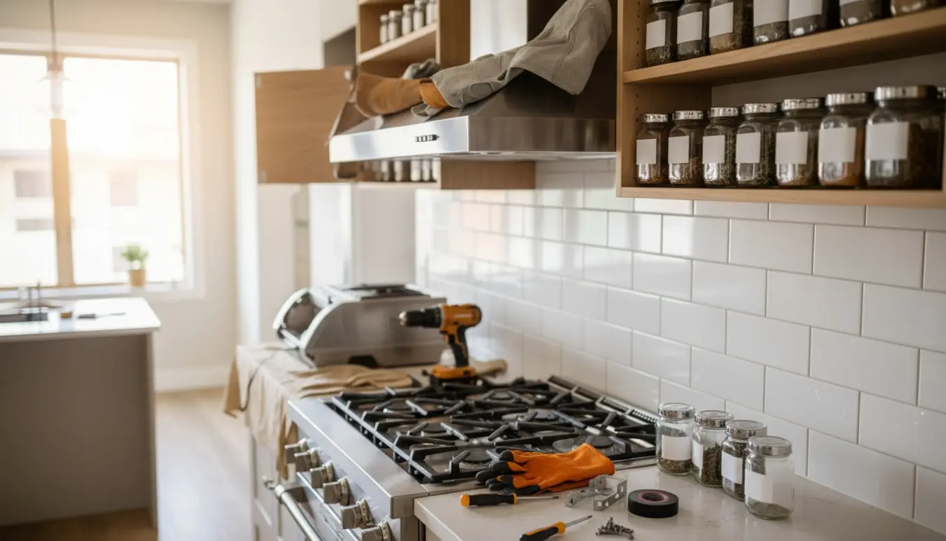 Hænder installerer en ny udtræksemhætte i børstet stål under en delvist afmonteret krydderihylde i et lyst køkken.