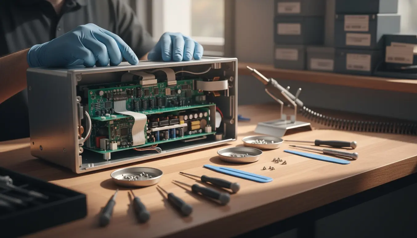 Nærbillede af hænder, der afmonterer elektronikkomponenter på et rydeligt værksted.