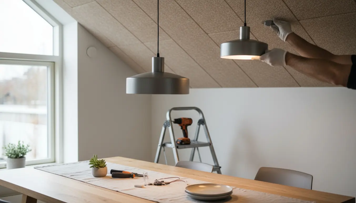 To pendellamper monteres over et spisebord mod et troldtekt-loft, med værktøj og en stige i et lyst, skandinavisk rum.