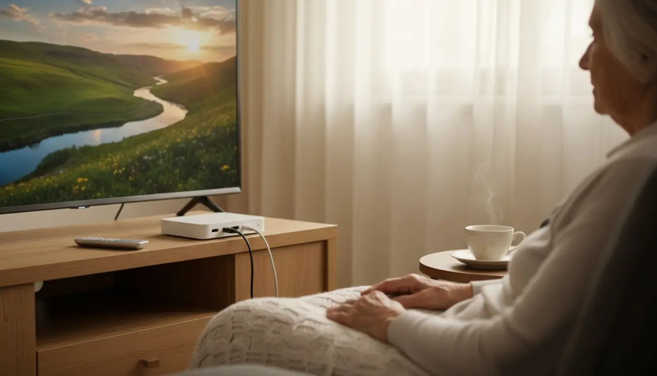 Datter tilslutter nyt TV-udstyr i en hyggelig stue, mens en ældre kvinde ser til.