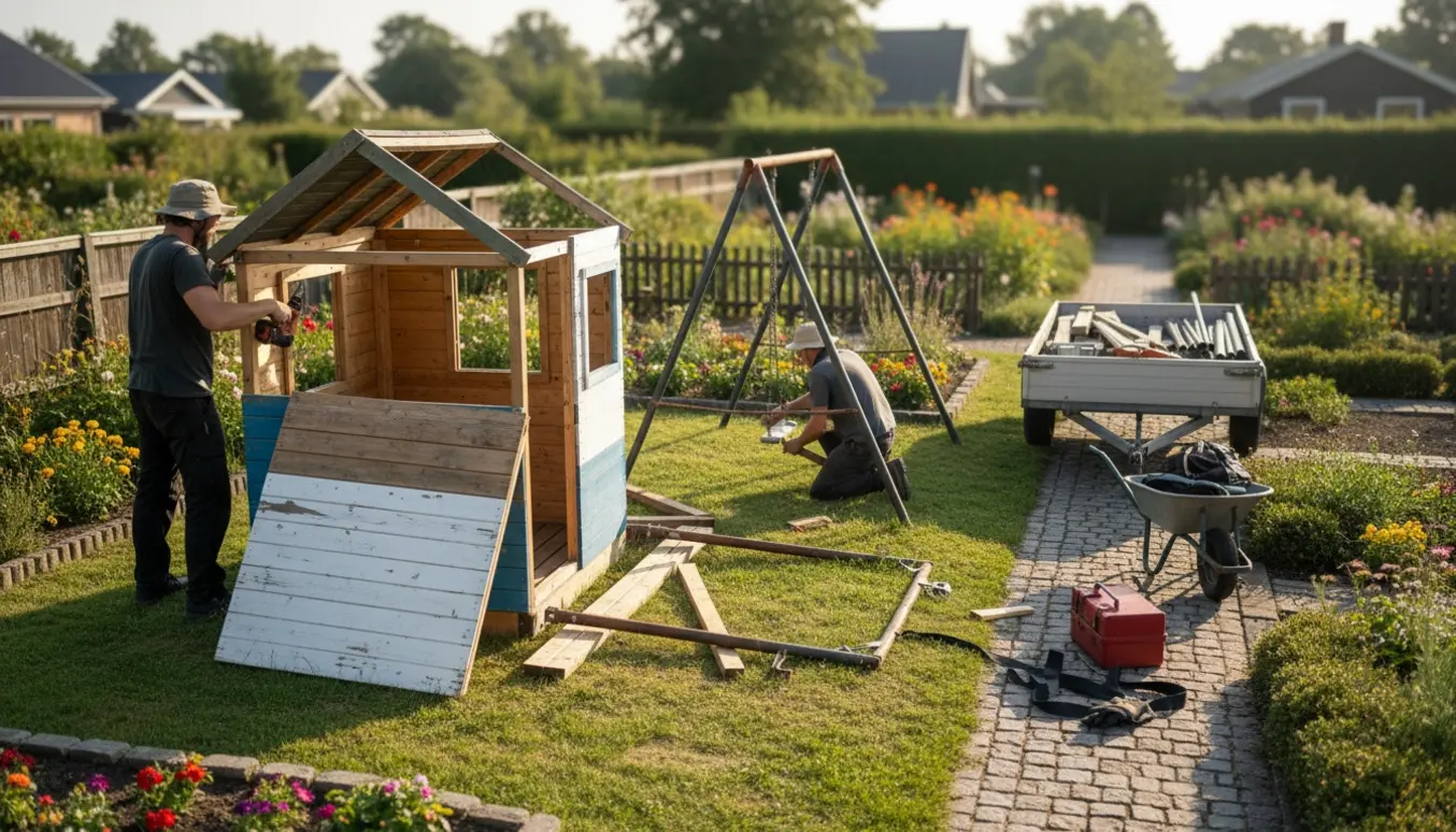 Delvist nedtaget legehus og gyngestativ læsses på en trailer i en kolonihave med værktøj omkring.