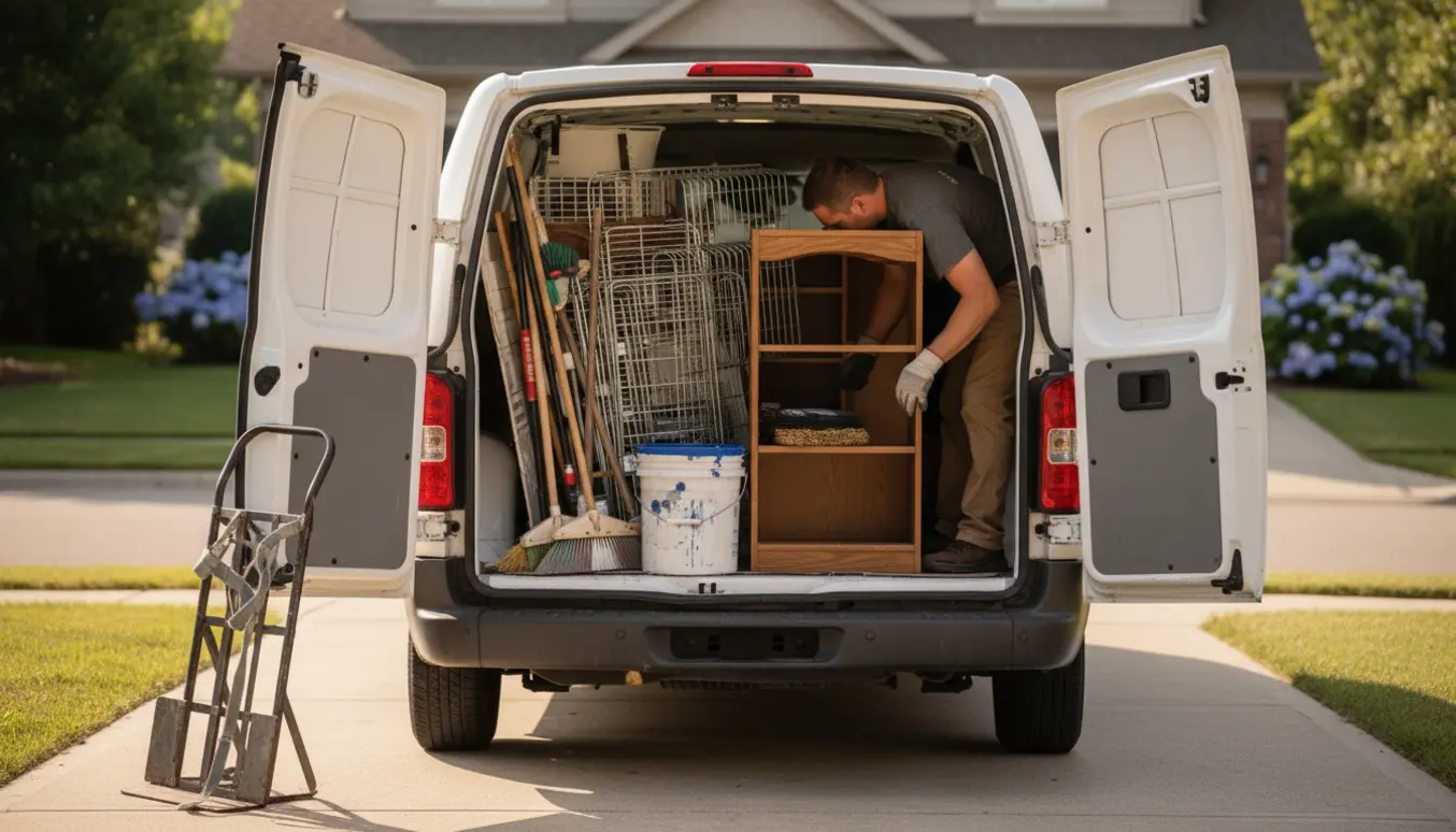 Små træhylder, en trådhylde, en malerbøtte og rengøringsudstyr læsses i en lille kassevogn på indkørslen.